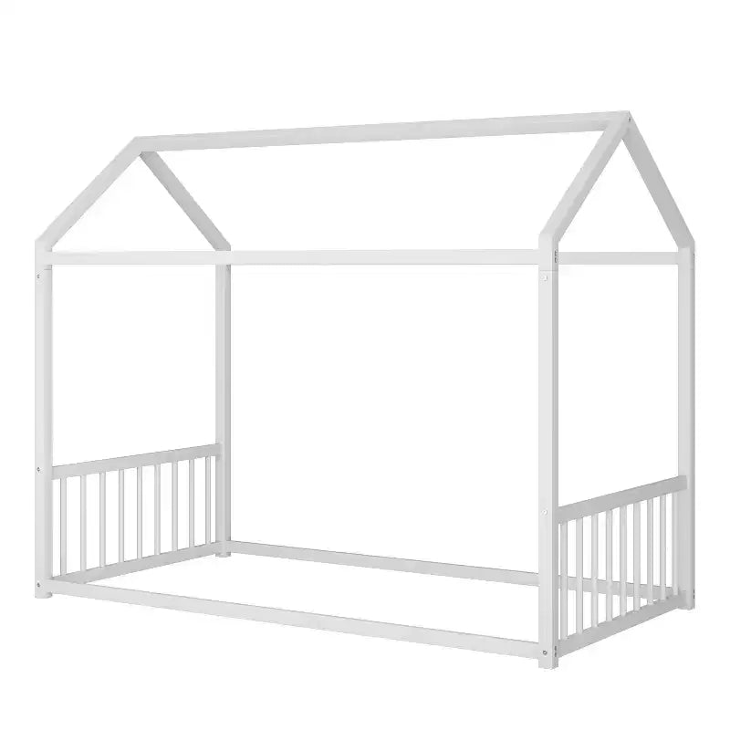 Twin Size Metal Floor Bed Frame with House Shape and Guardrails