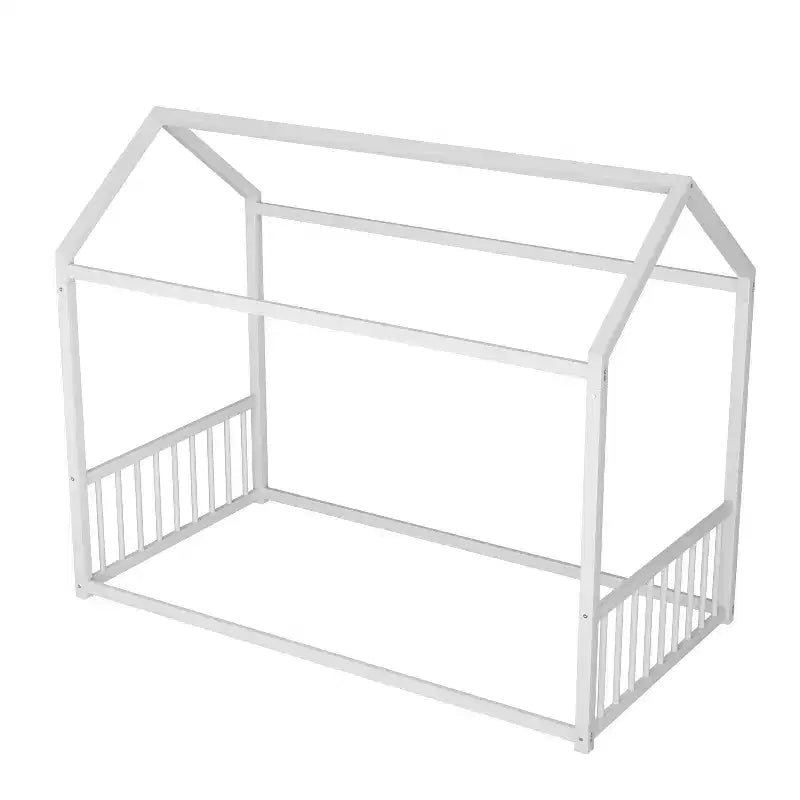 Twin Size Metal Floor Bed Frame with House Shape and Guardrails