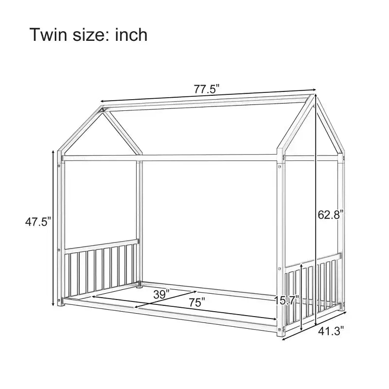 Twin Size Metal Floor Bed Frame with House Shape and Guardrails
