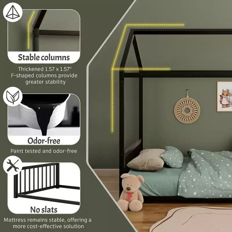 Twin Size Metal Floor Bed Frame with House Shape and Guardrails