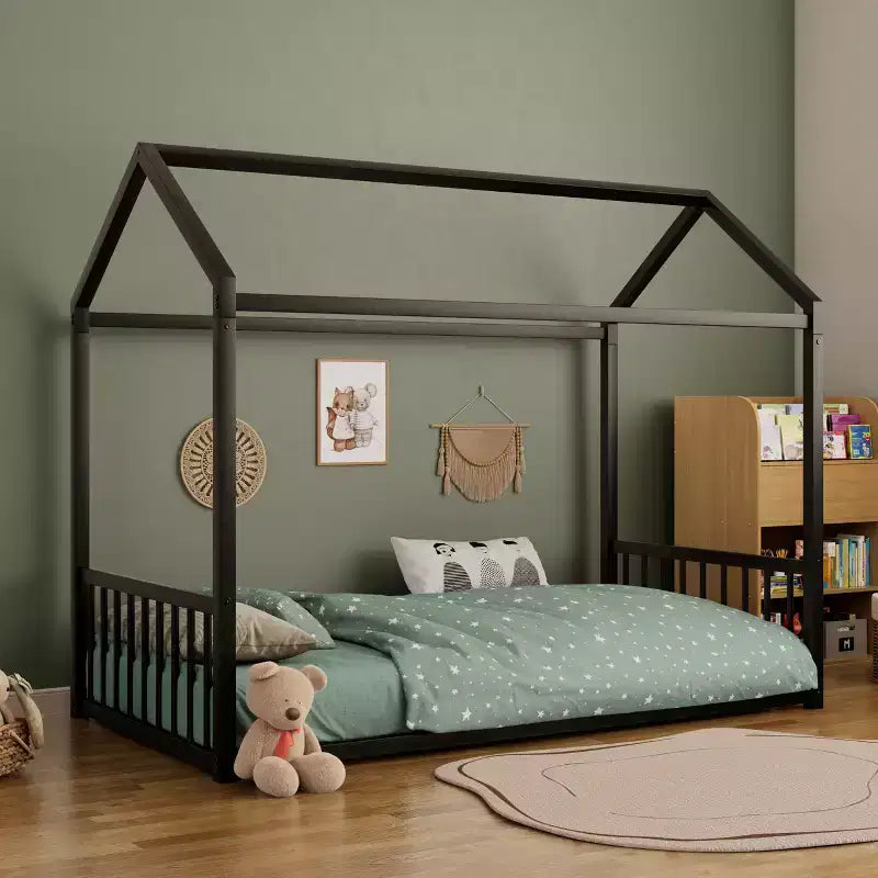 Twin Size Metal Floor Bed Frame with House Shape and Guardrails