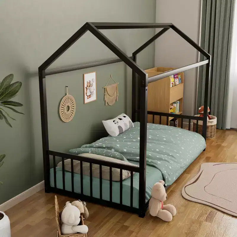 Twin Size Metal Floor Bed Frame with House Shape and Guardrails