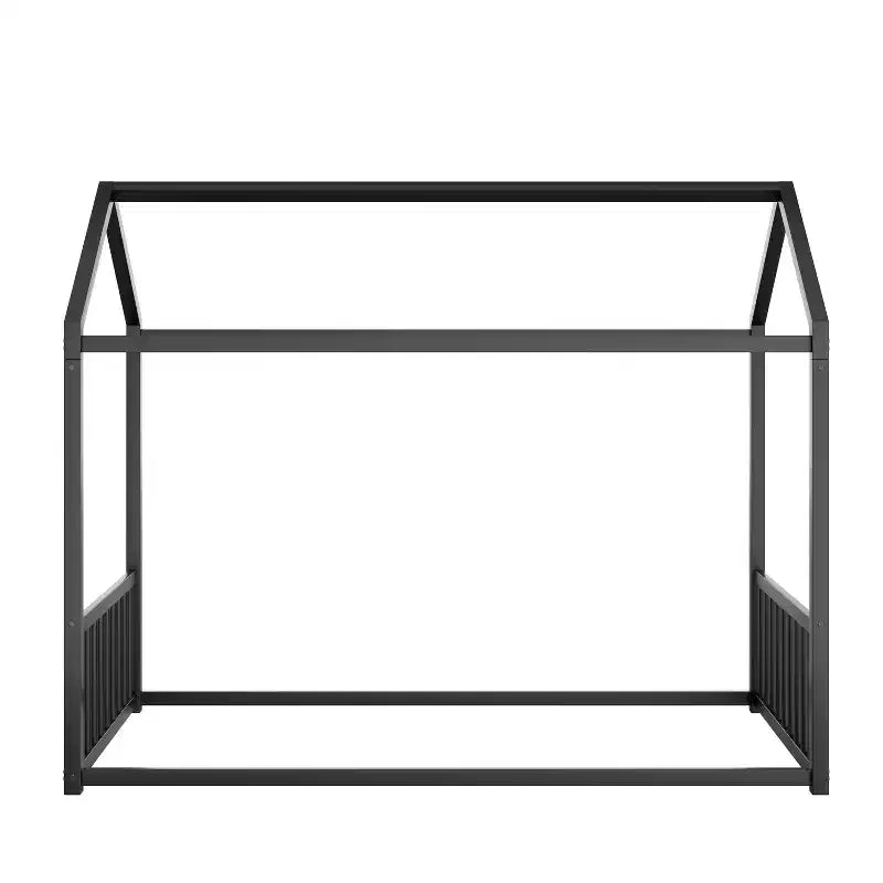 Twin Size Metal Floor Bed Frame with House Shape and Guardrails