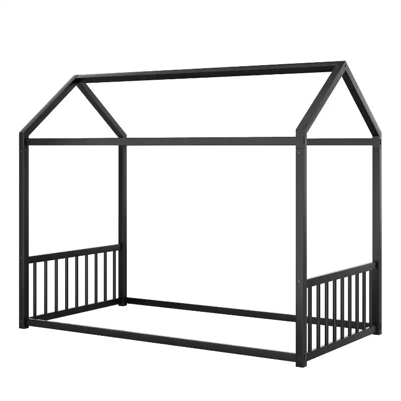 Twin Size Metal Floor Bed Frame with House Shape and Guardrails
