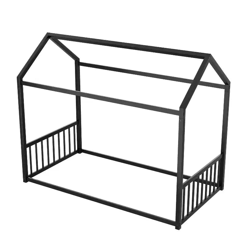 Twin Size Metal Floor Bed Frame with House Shape and Guardrails