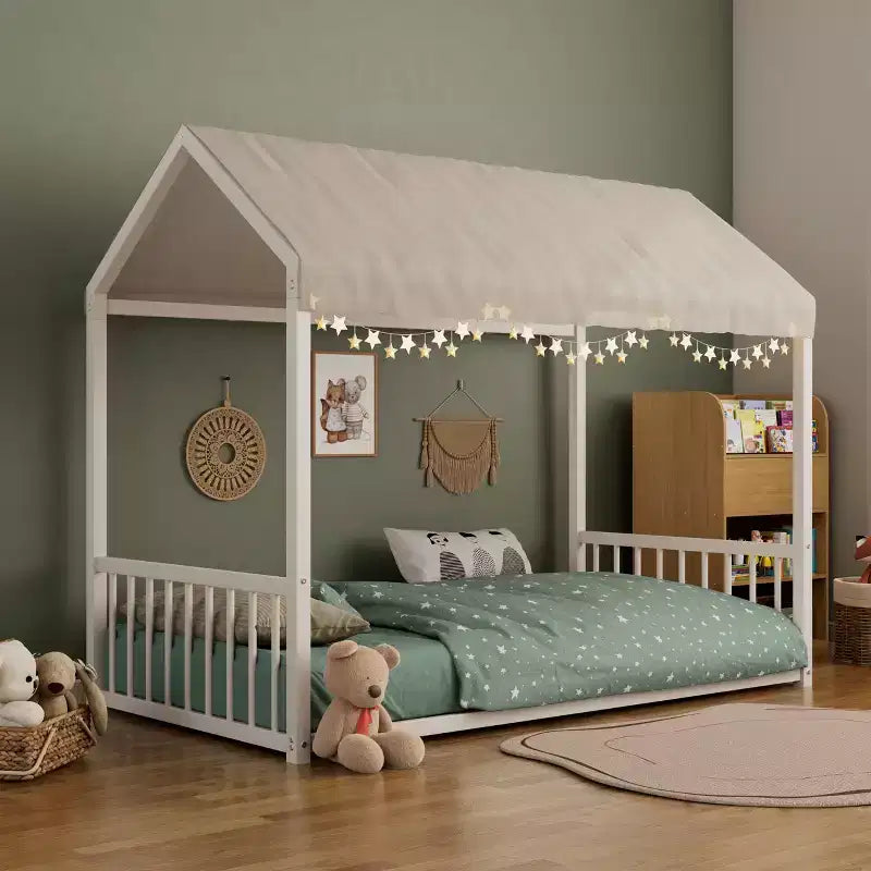 Twin Size Metal Floor Bed Frame with House Shape and Guardrails