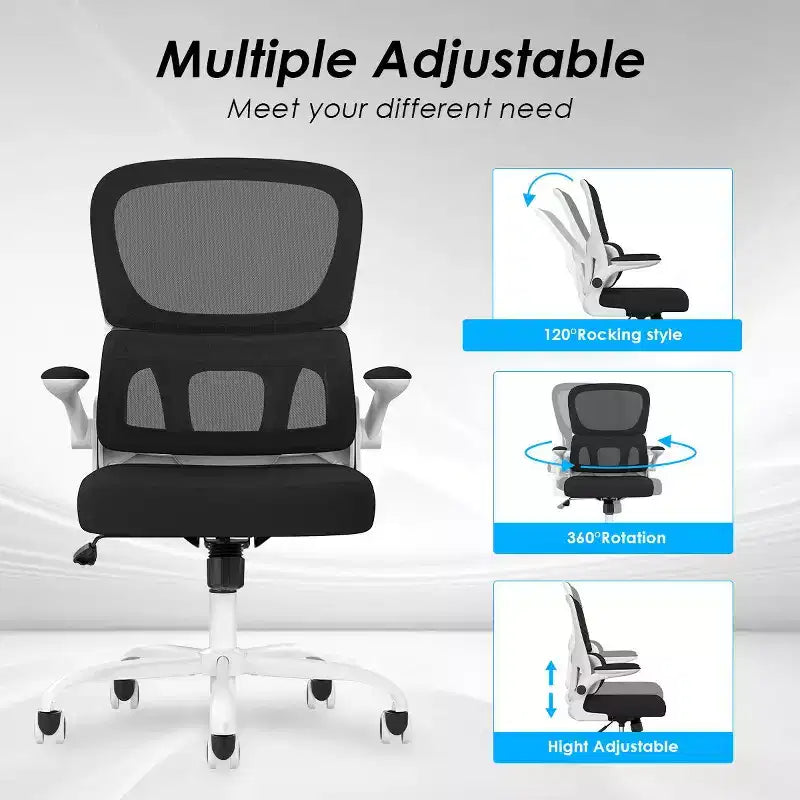 Chaise de bureau ergonomique en maille avec soutien lombaire et accoudoirs rabattables