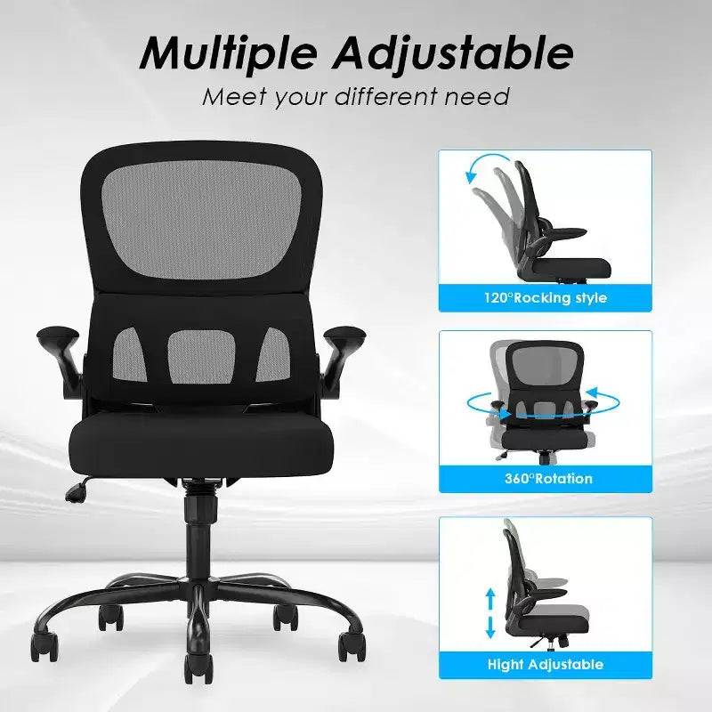 Chaise de bureau ergonomique en maille avec soutien lombaire et accoudoirs rabattables