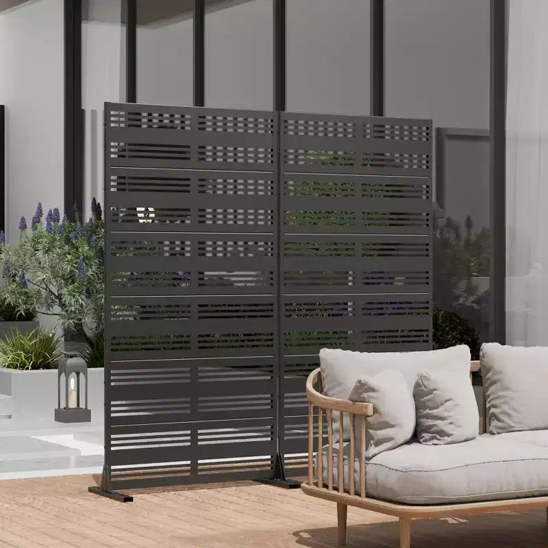 Louvered Black Galvanized Steel Privacy Screen, Indoor & Outdoor Divider, 6 Panels