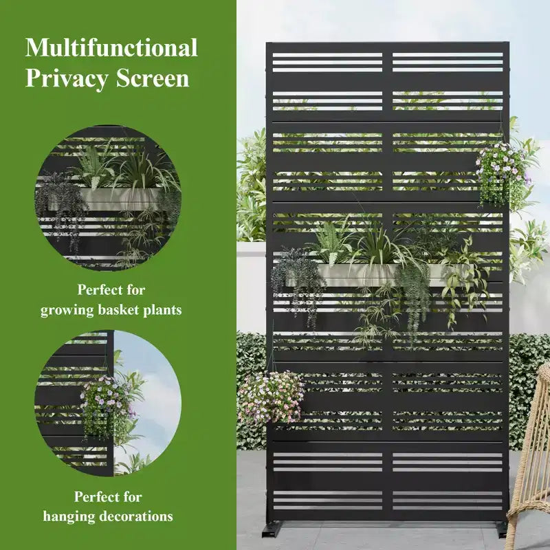 Louvered Black Galvanized Steel Privacy Screen, Indoor & Outdoor Divider, 6 Panels