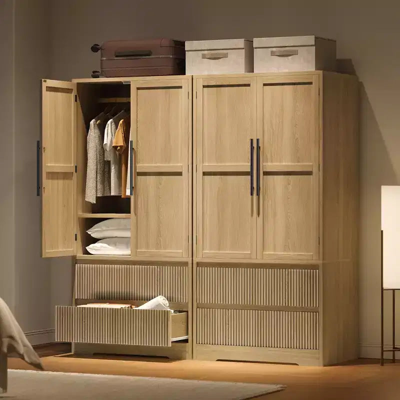Tall Wardrobe Closet with Hanging Rod Drawers, 2-in-1 Storage Cabinet with Wood Doors for Bedroom, Large Capacity Organizer with Tip-Resistant Design