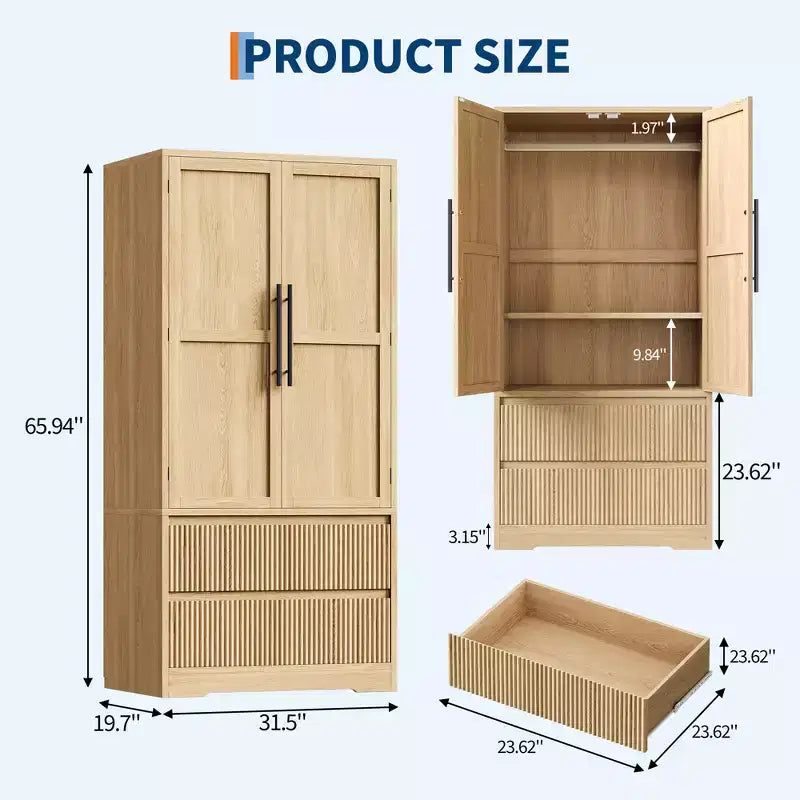 Tall Wardrobe Closet with Hanging Rod Drawers, 2-in-1 Storage Cabinet with Wood Doors for Bedroom, Large Capacity Organizer with Tip-Resistant Design