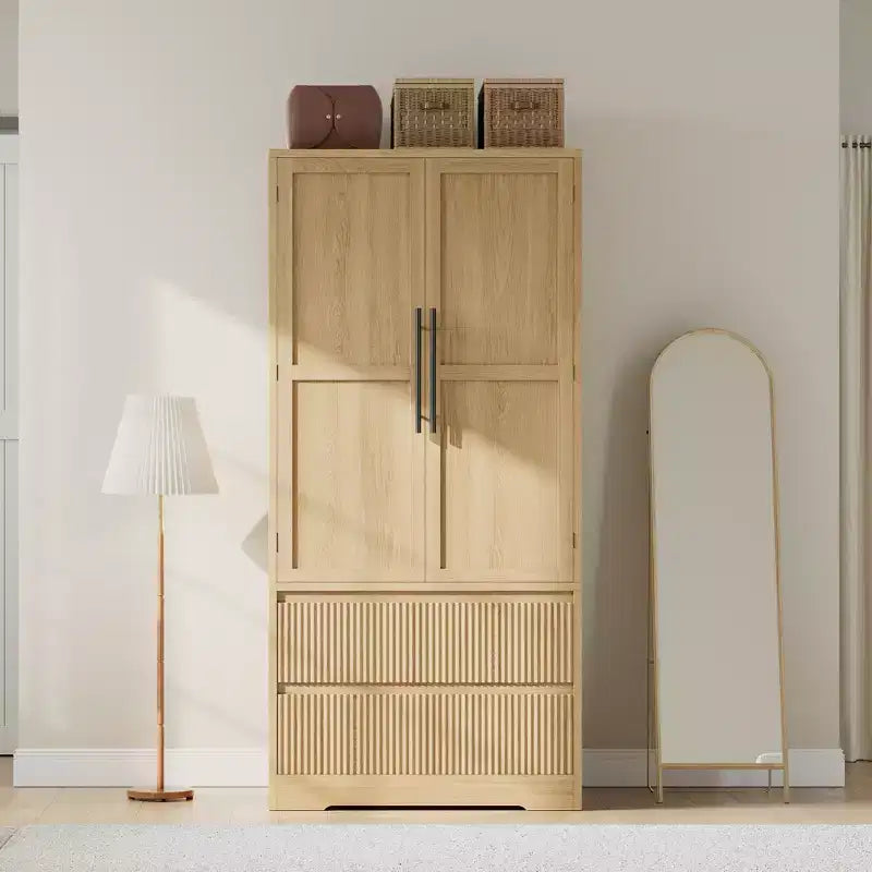 Tall Wardrobe Closet with Hanging Rod Drawers, 2-in-1 Storage Cabinet with Wood Doors for Bedroom, Large Capacity Organizer with Tip-Resistant Design