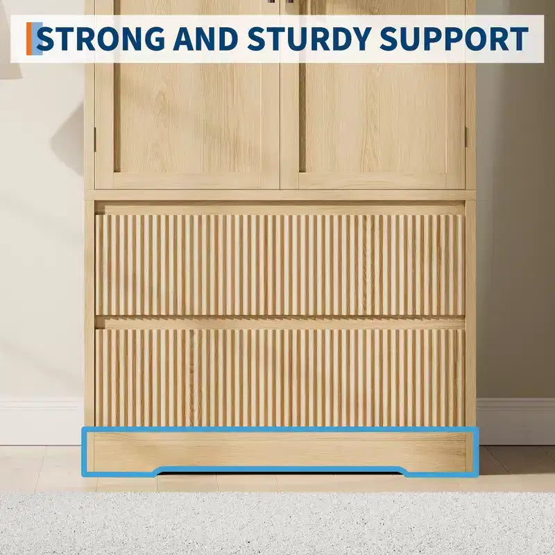 Tall Wardrobe Closet with Hanging Rod Drawers, 2-in-1 Storage Cabinet with Wood Doors for Bedroom, Large Capacity Organizer with Tip-Resistant Design