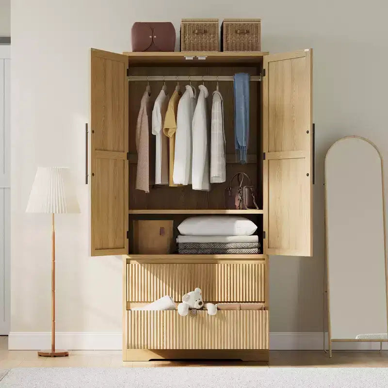 Tall Wardrobe Closet with Hanging Rod Drawers, 2-in-1 Storage Cabinet with Wood Doors for Bedroom, Large Capacity Organizer with Tip-Resistant Design
