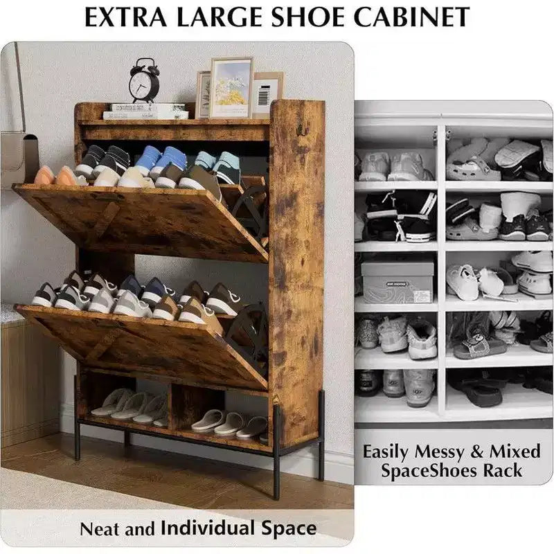 Shoe Storage Cabinet for Entryway with 2 Flip Drawers, Freestanding Narrow Shoe Rack