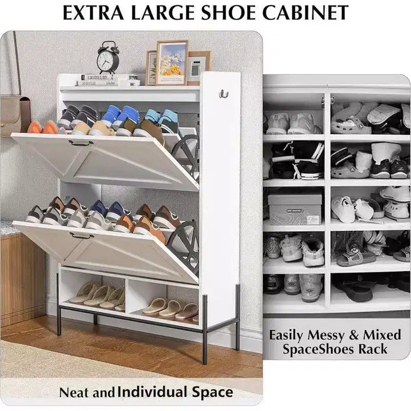 Shoe Storage Cabinet for Entryway with 2 Flip Drawers, Freestanding Narrow Shoe Rack