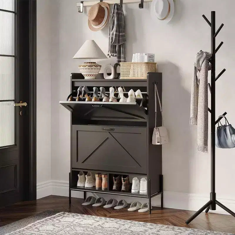 Shoe Storage Cabinet for Entryway with 2 Flip Drawers, Freestanding Narrow Shoe Rack