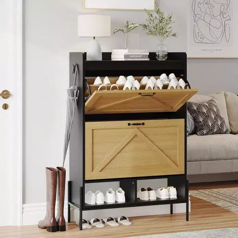 Shoe Storage Cabinet for Entryway with 2 Flip Drawers, Freestanding Narrow Shoe Rack