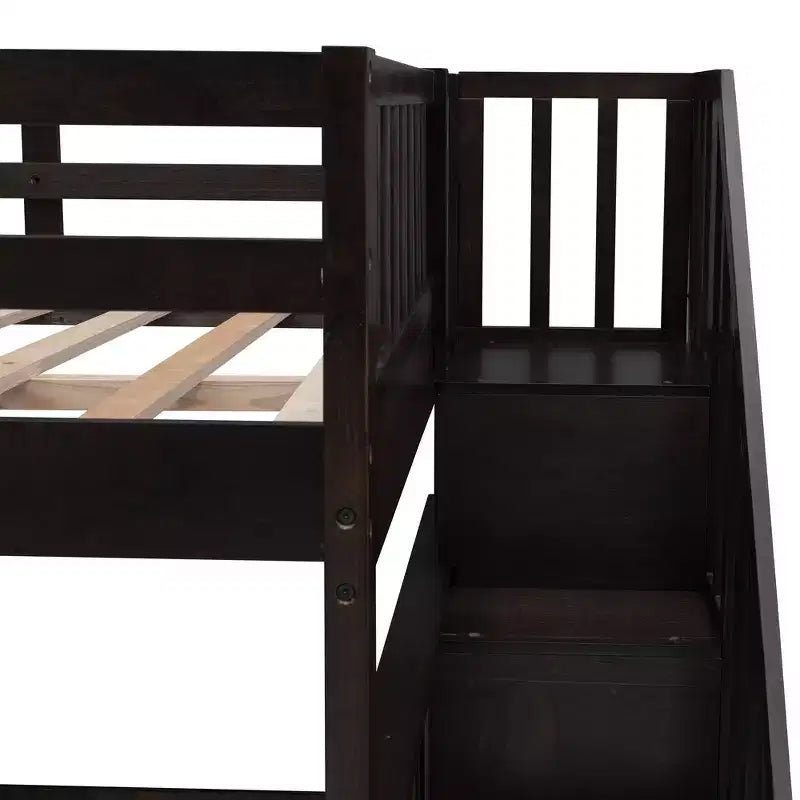 Full over Full Bunk Beds with Stairs, Wooden Full Stairway Bunk Bed with Storage & Guard Rail for Dorm