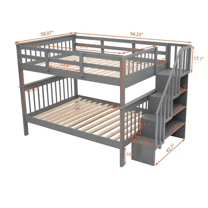 Full over Full Bunk Beds with Stairs, Wooden Full Stairway Bunk Bed with Storage & Guard Rail for Dorm