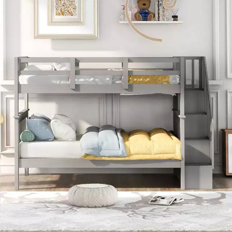 Full over Full Bunk Beds with Stairs, Wooden Full Stairway Bunk Bed with Storage & Guard Rail for Dorm