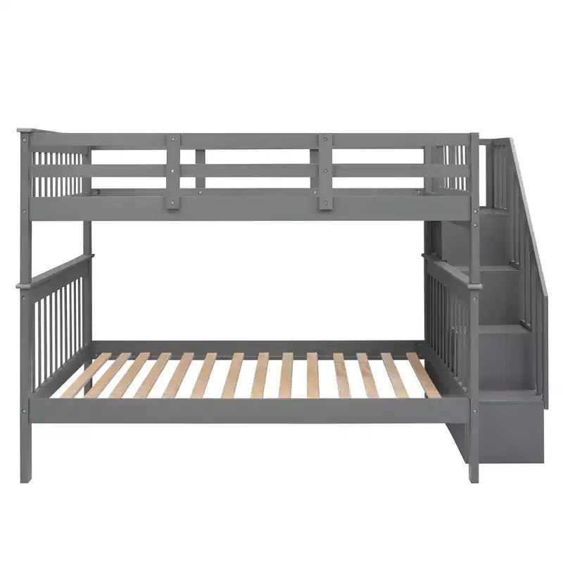 Full over Full Bunk Beds with Stairs, Wooden Full Stairway Bunk Bed with Storage & Guard Rail for Dorm