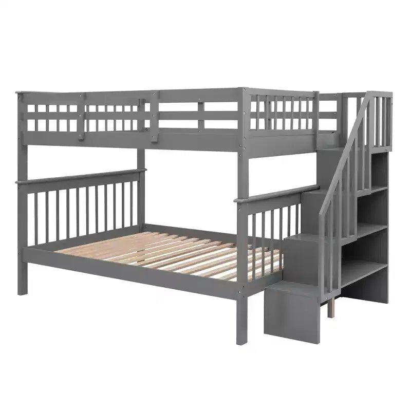 Full over Full Bunk Beds with Stairs, Wooden Full Stairway Bunk Bed with Storage & Guard Rail for Dorm