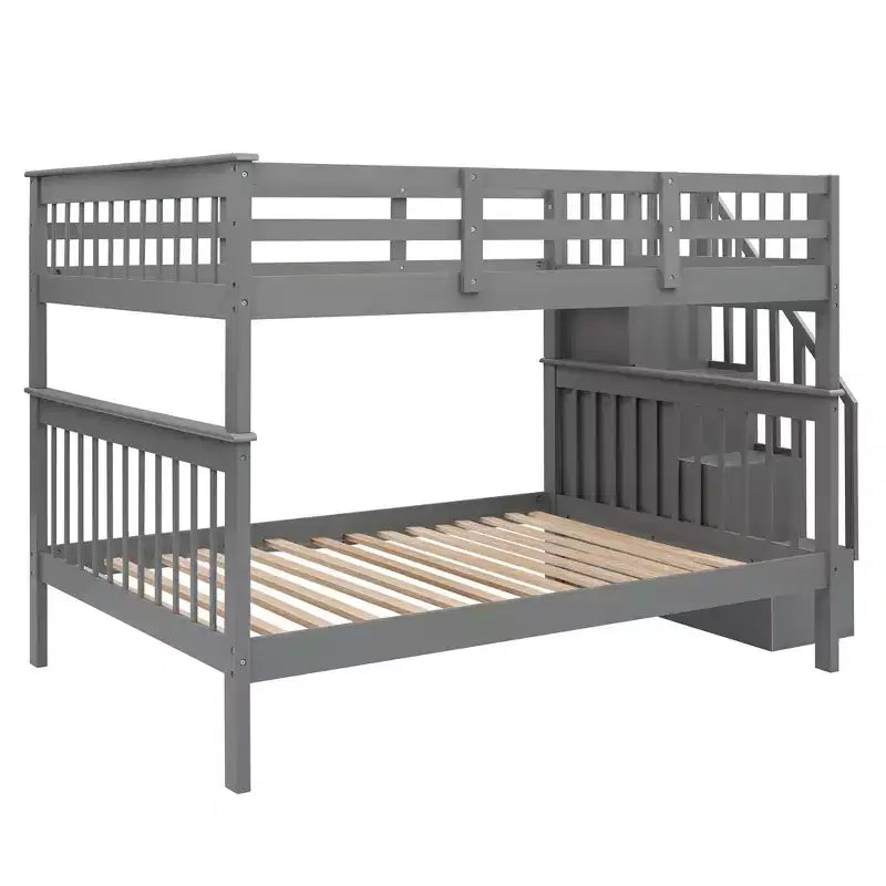 Full over Full Bunk Beds with Stairs, Wooden Full Stairway Bunk Bed with Storage & Guard Rail for Dorm