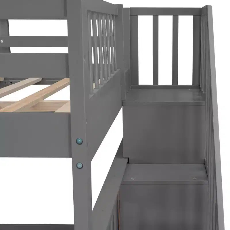Full over Full Bunk Beds with Stairs, Wooden Full Stairway Bunk Bed with Storage & Guard Rail for Dorm