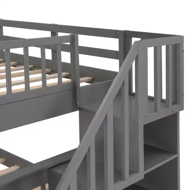 Full over Full Bunk Beds with Stairs, Wooden Full Stairway Bunk Bed with Storage & Guard Rail for Dorm