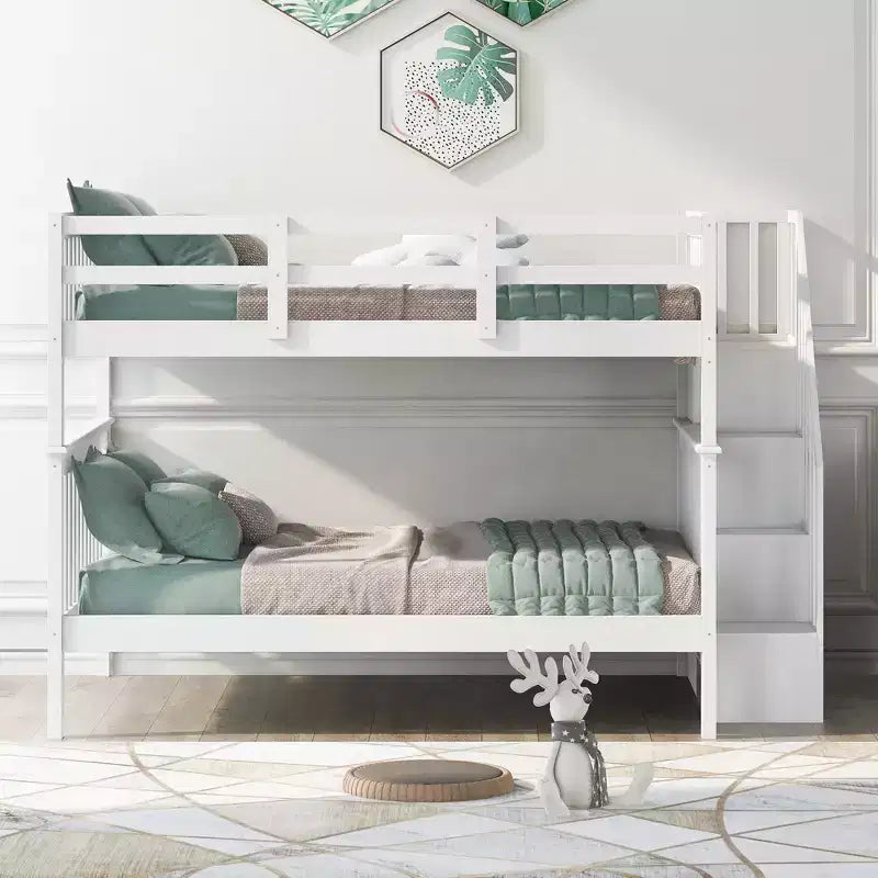 Full over Full Bunk Beds with Stairs, Wooden Full Stairway Bunk Bed with Storage & Guard Rail for Dorm