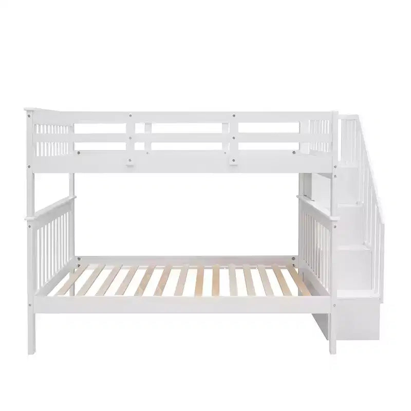 Full over Full Bunk Beds with Stairs, Wooden Full Stairway Bunk Bed with Storage & Guard Rail for Dorm