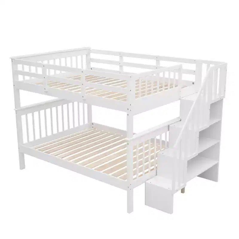Full over Full Bunk Beds with Stairs, Wooden Full Stairway Bunk Bed with Storage & Guard Rail for Dorm