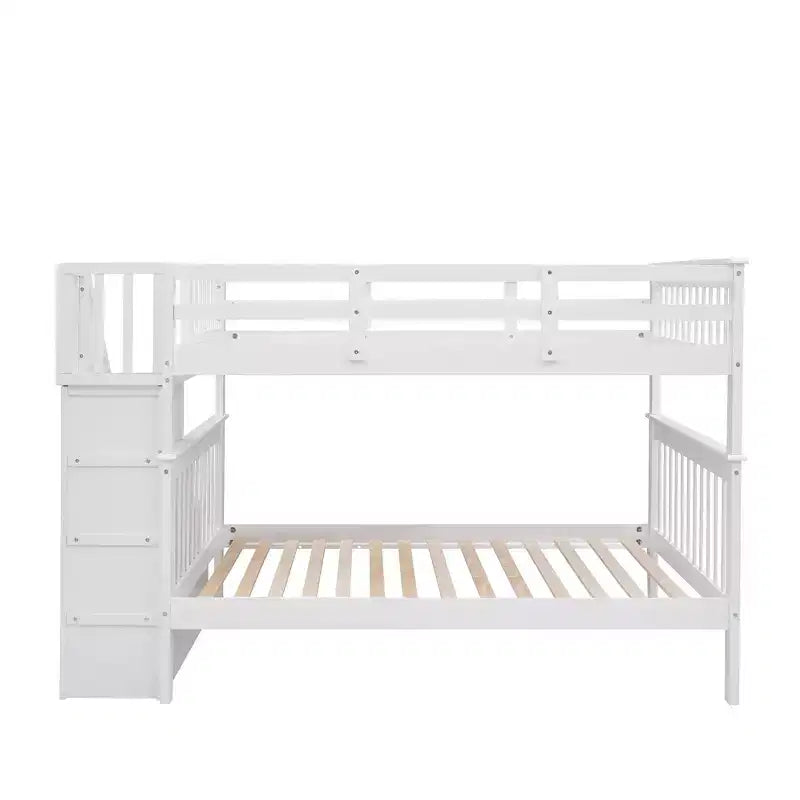 Full over Full Bunk Beds with Stairs, Wooden Full Stairway Bunk Bed with Storage & Guard Rail for Dorm
