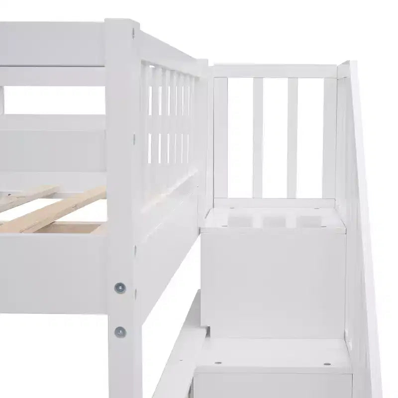 Full over Full Bunk Beds with Stairs, Wooden Full Stairway Bunk Bed with Storage & Guard Rail for Dorm