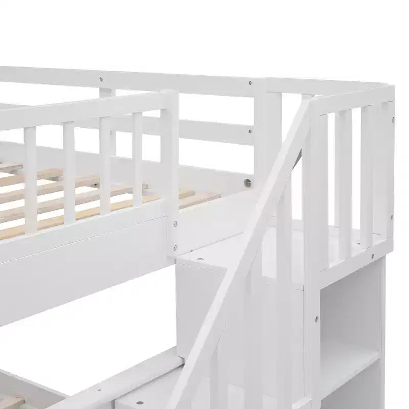 Full over Full Bunk Beds with Stairs, Wooden Full Stairway Bunk Bed with Storage & Guard Rail for Dorm