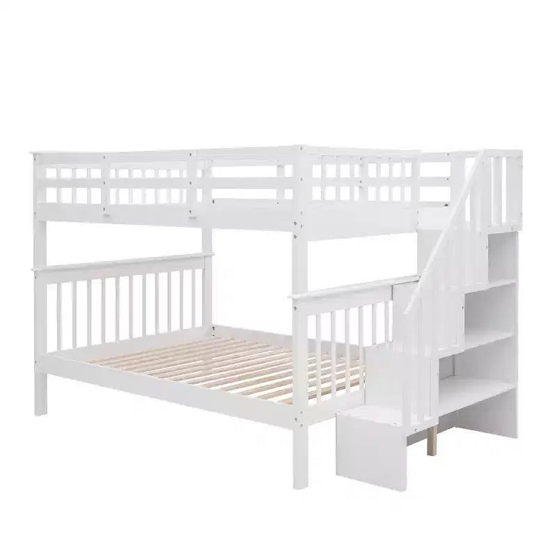 Full over Full Bunk Beds with Stairs, Wooden Full Stairway Bunk Bed with Storage & Guard Rail for Dorm