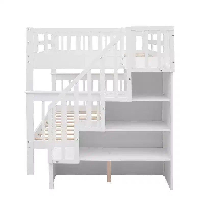 Full over Full Bunk Beds with Stairs, Wooden Full Stairway Bunk Bed with Storage & Guard Rail for Dorm