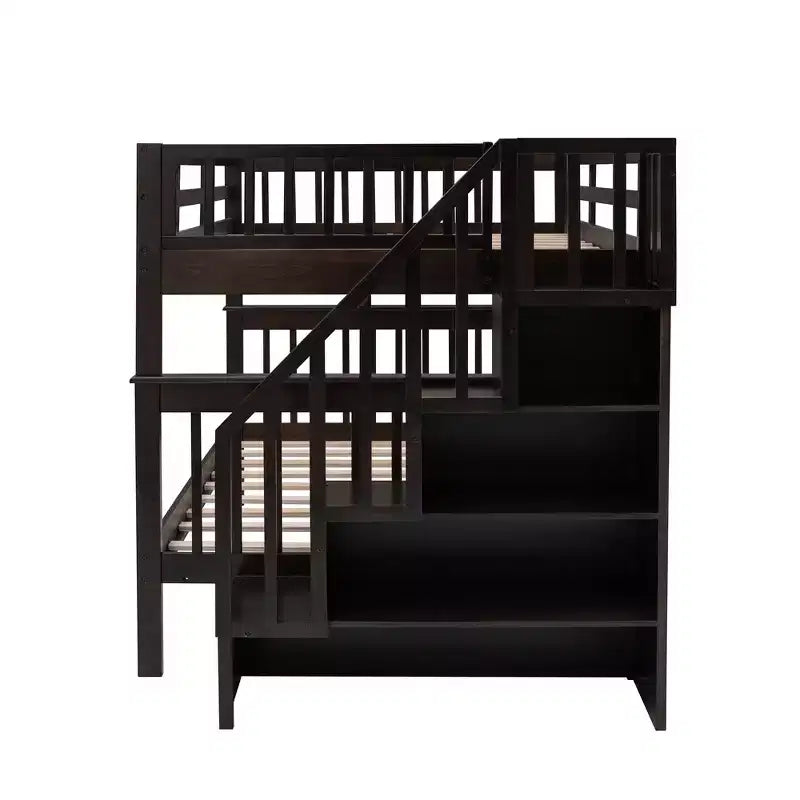 Full over Full Bunk Beds with Stairs, Wooden Full Stairway Bunk Bed with Storage & Guard Rail for Dorm