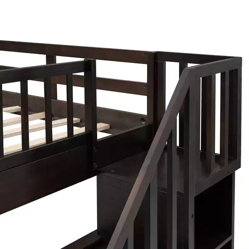 Full over Full Bunk Beds with Stairs, Wooden Full Stairway Bunk Bed with Storage & Guard Rail for Dorm