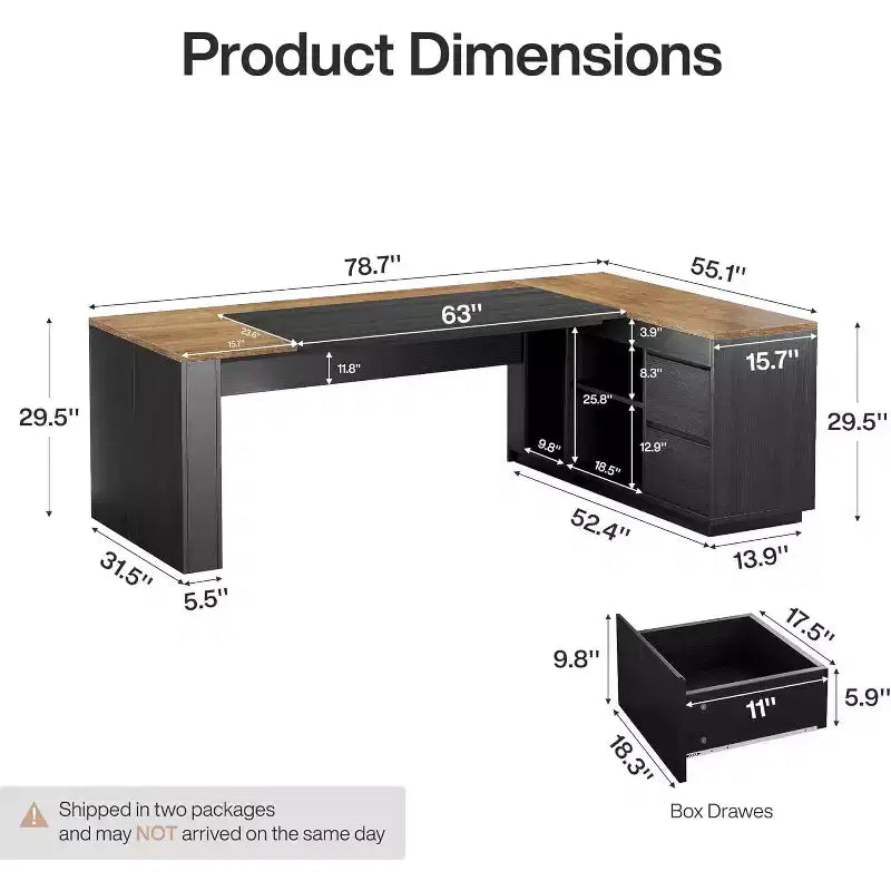 Bureau de direction en L de 78" avec tiroirs et armoire, poste de travail pour bureau à domicile