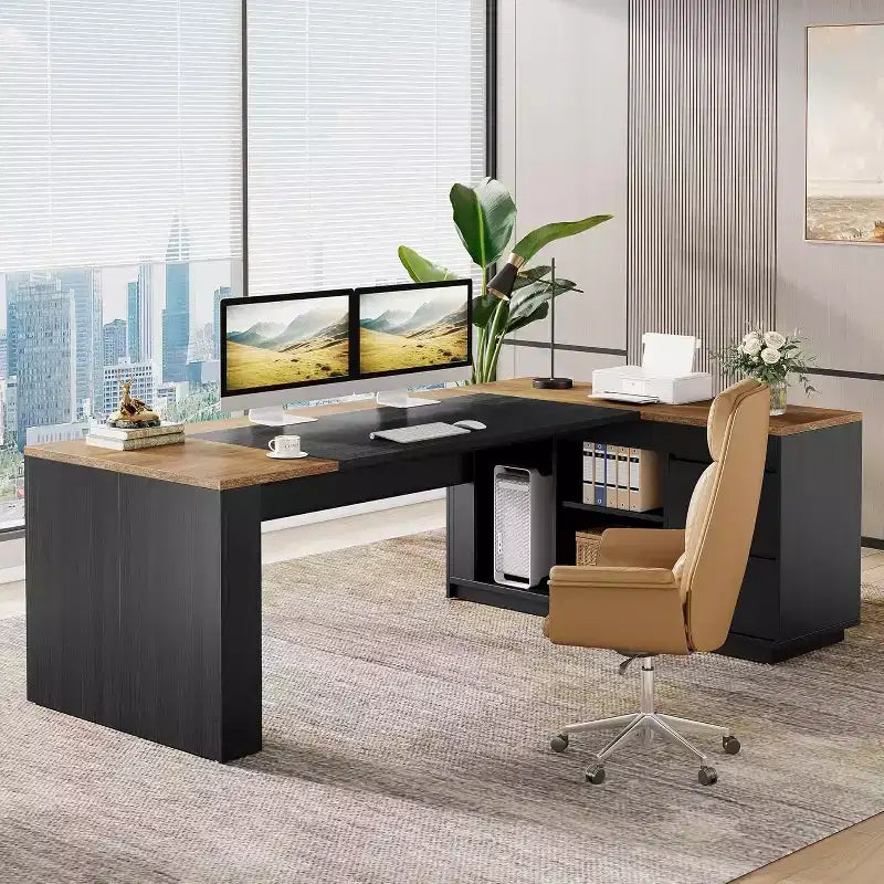 Bureau de direction en L de 78" avec tiroirs et armoire, poste de travail pour bureau à domicile