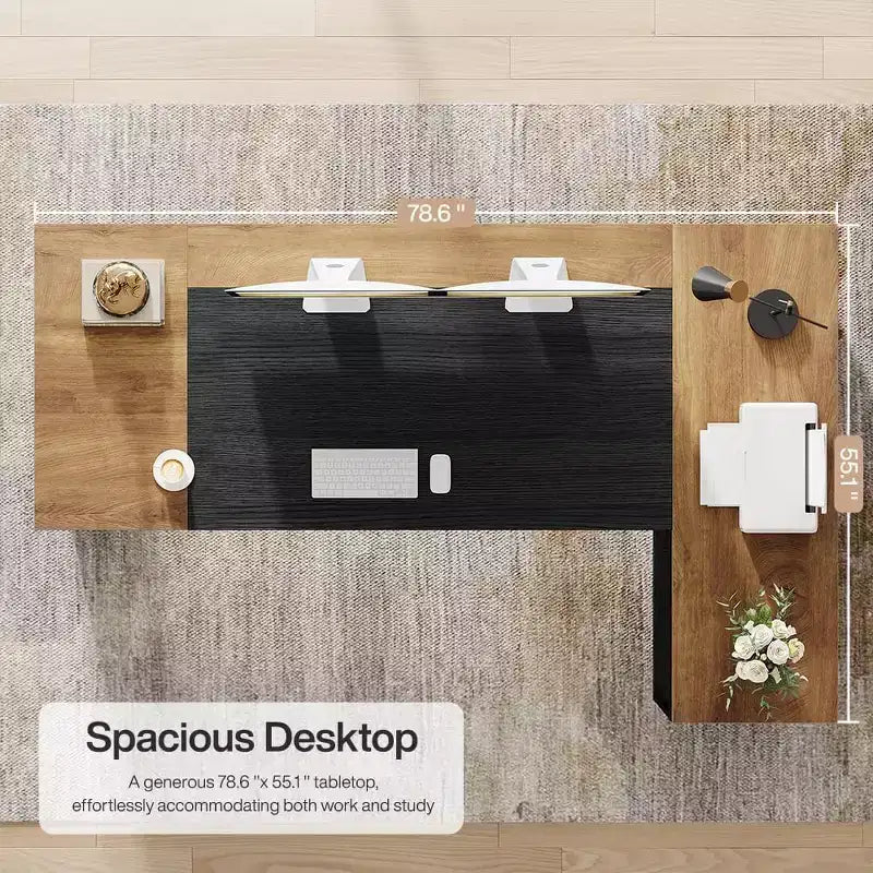 Bureau de direction en L de 78" avec tiroirs et armoire, poste de travail pour bureau à domicile
