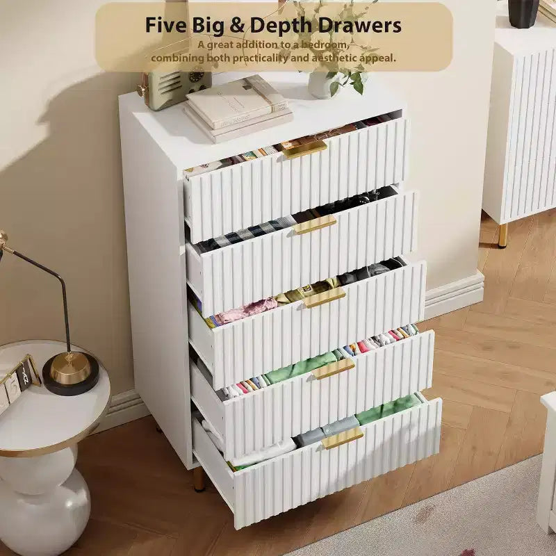 Fluted 5 Drawer Dresser for Bedroom, 48 Tall Modern Chest of Drawers with Deep Drawers and Wide Top, for Living Room, Hallway, Kids Room