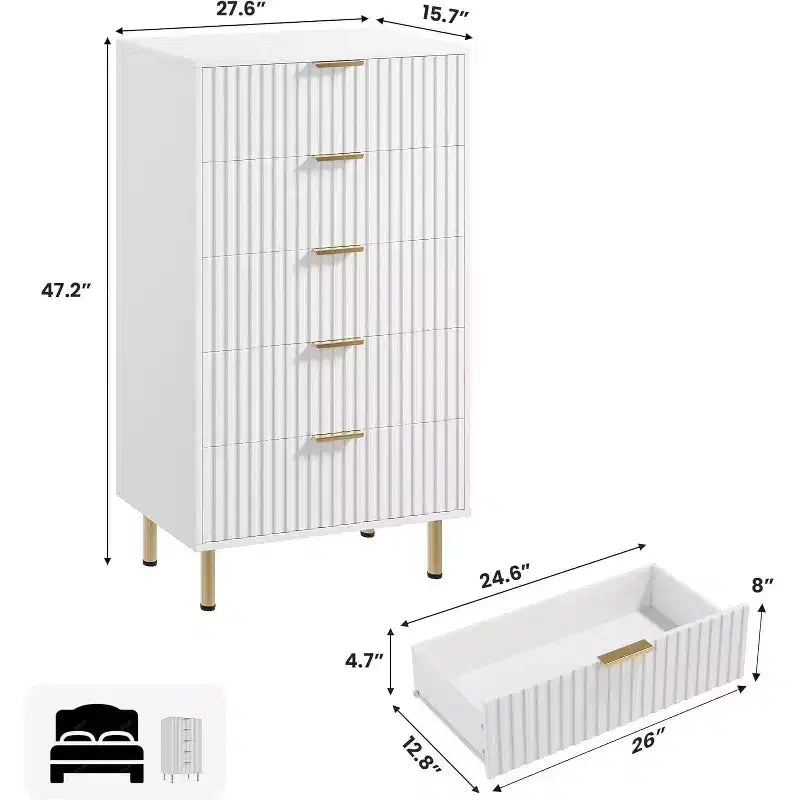 Fluted 5 Drawer Dresser for Bedroom, 48 Tall Modern Chest of Drawers with Deep Drawers and Wide Top, for Living Room, Hallway, Kids Room