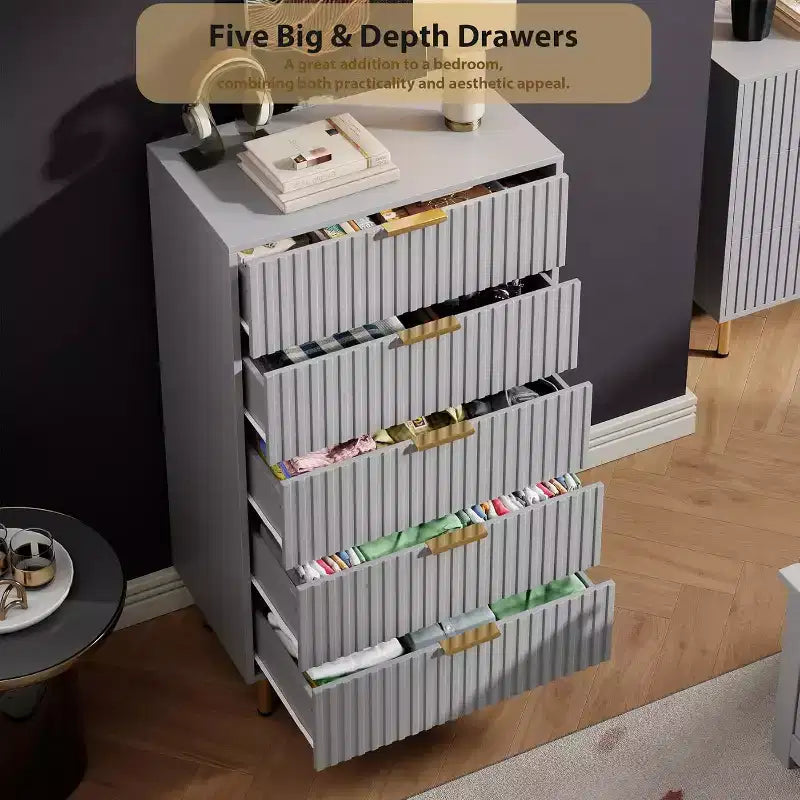 Fluted 5 Drawer Dresser for Bedroom, 48 Tall Modern Chest of Drawers with Deep Drawers and Wide Top, for Living Room, Hallway, Kids Room
