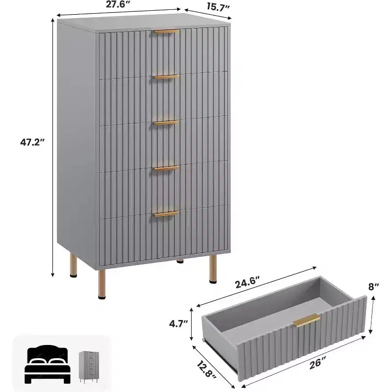 Fluted 5 Drawer Dresser for Bedroom, 48 Tall Modern Chest of Drawers with Deep Drawers and Wide Top, for Living Room, Hallway, Kids Room