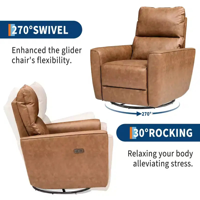 Power Recliner Chair, PU Leather Upholstered Swivel Glider with Adjustable Footrest and Curved Armrest for Living Room, Office, Bedroom