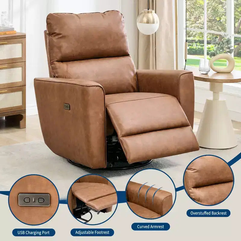 Power Recliner Chair, PU Leather Upholstered Swivel Glider with Adjustable Footrest and Curved Armrest for Living Room, Office, Bedroom
